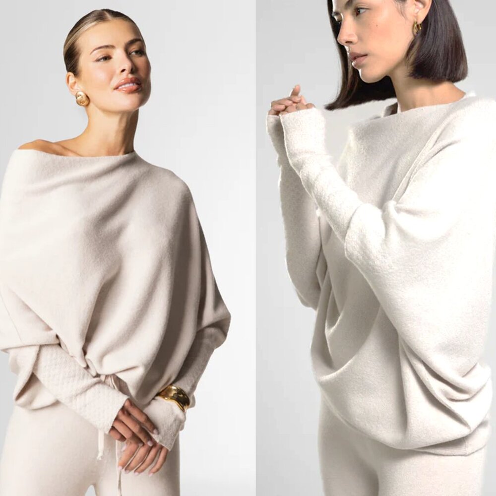 Jaki London Asymmetrical Draped Long Sleeve Sweater Light Beige Size S/M Italy - Picture 11 of 13